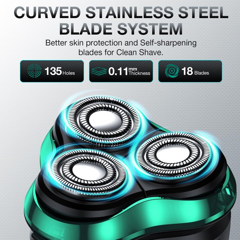 Electric Razor for Men, Cordless Rechargeable Rotary Shaver with Charging Stand, Wet & Dry IPX6 Waterproof Electric Shaver with Pop-Up Trimmer for Face & Travel (Green-1)