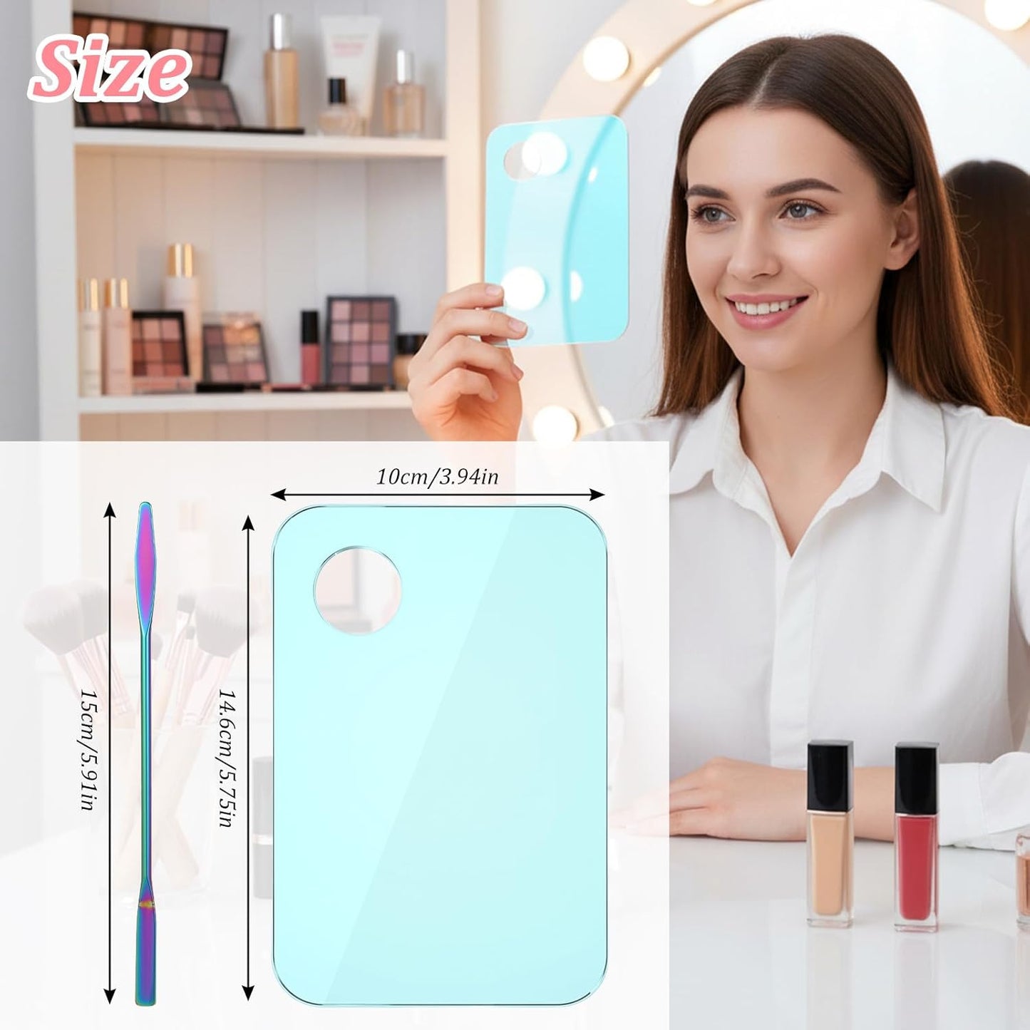 4-Piece Foundation Mixing Palette - Reusable Makeup Tray with Spatula for Foundation, Eyeshadow & Lipstick | Blue & White