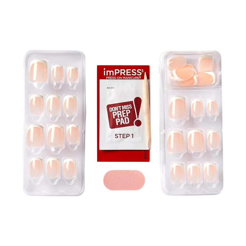 Kiss Impress No Glue French Press-On Nails - Short Squoval Shape, White | 30 Nails, Prep Pad & Manicure Tools