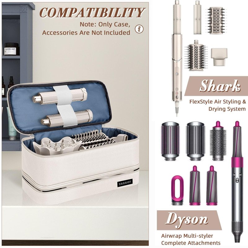 ZRRAJOY Shark Flexstyle AirwrapTravel Carrying Case, Double Layer Travel Case for Dyson Airwrap, Organizer Bag For Shark Flexstyle/Dyson Airwrap Styler Attachments (Beige)