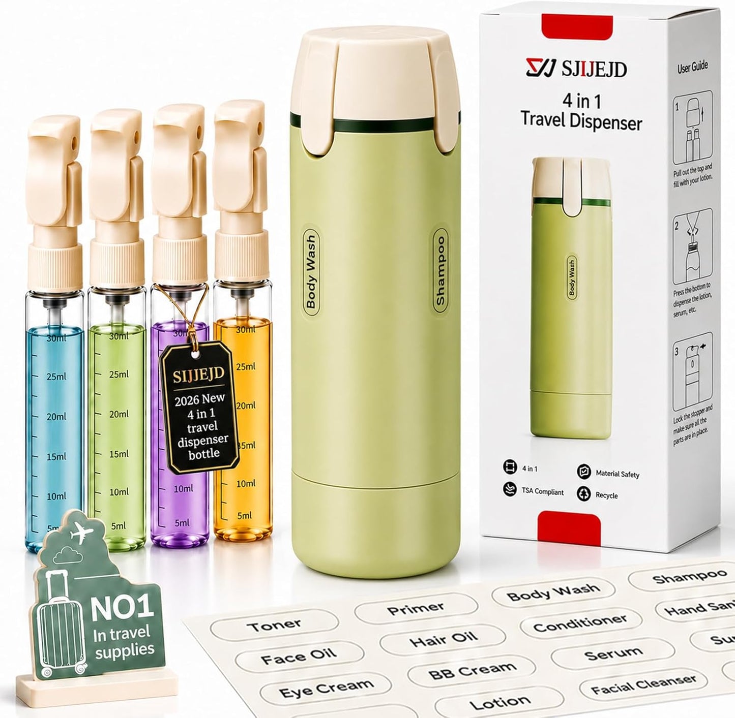 Travel Dispenser Bottle - 4-in-1 Leak-Proof TSA Approved Toiletry Container | Portable Hard Shell with Scale & Labels (White)
