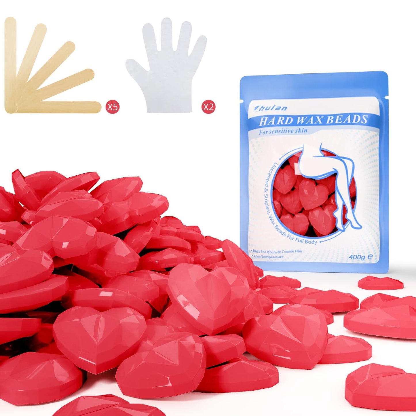 Chulan Hard Wax Beads, 14.1oz Waxing Beads for Sensitive Skin Hair Removal, Bikini, Full Body, Face, Brazilian Waxing, Legs, Fragrance Allergen Free Cute Red Heart Shape