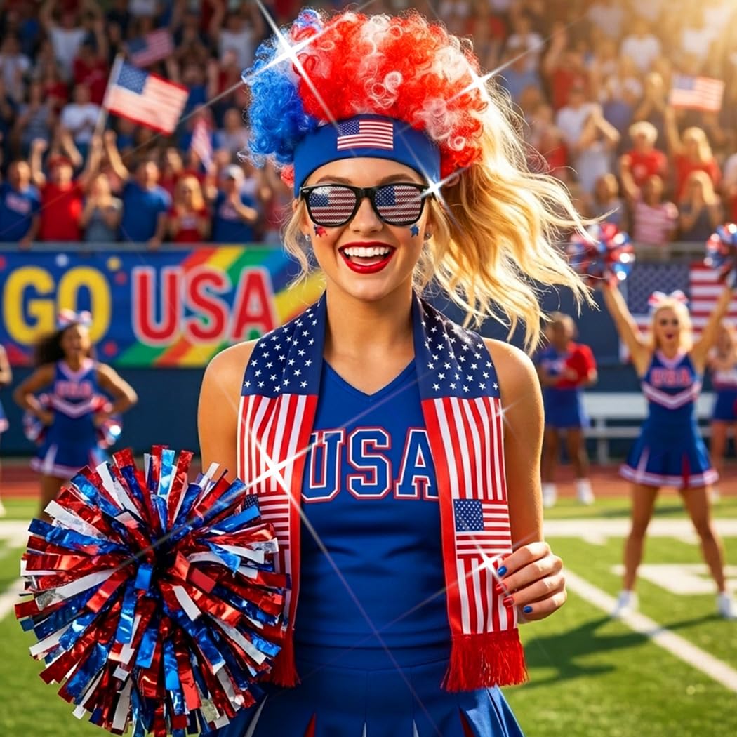 BODIY Soccer Sport Match Flag Head Accessories Football Fans Wig Flags Scarf Game Day Glasses for Men and Women (America)