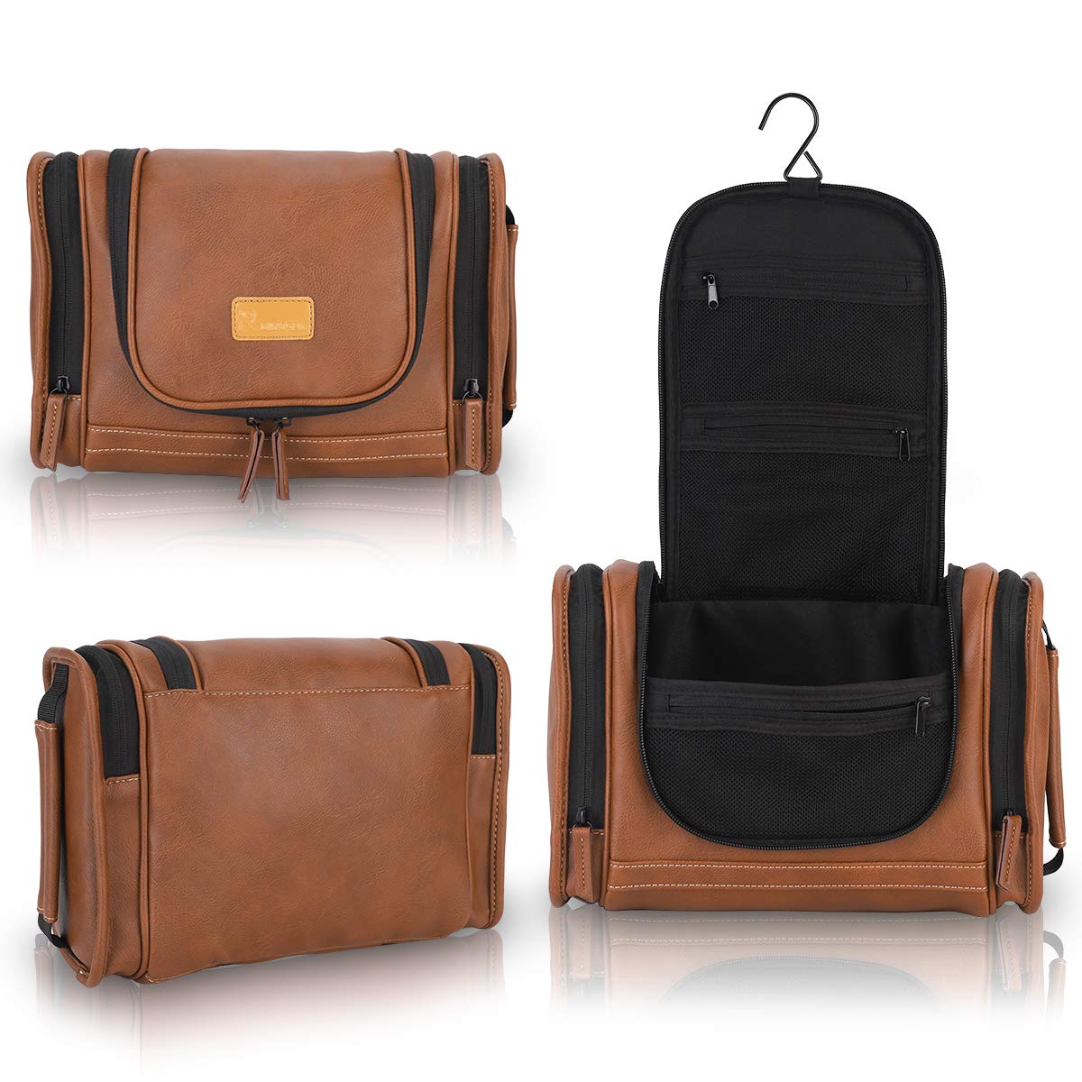 Travel Toiletry Bag - Hanging Leather Dopp Kit for Men | Brown Shower Organizer with Metal Hook