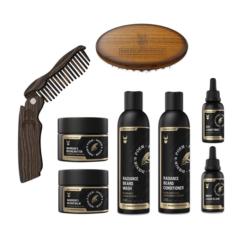 Ultimate Beard Growth Kit for Men by The Beard Struggle - Balm, Cream, Brush, Comb, Oil, Wash, & Conditioner for Moisturizing Beard - Hoenir's Poem, Gold Collection