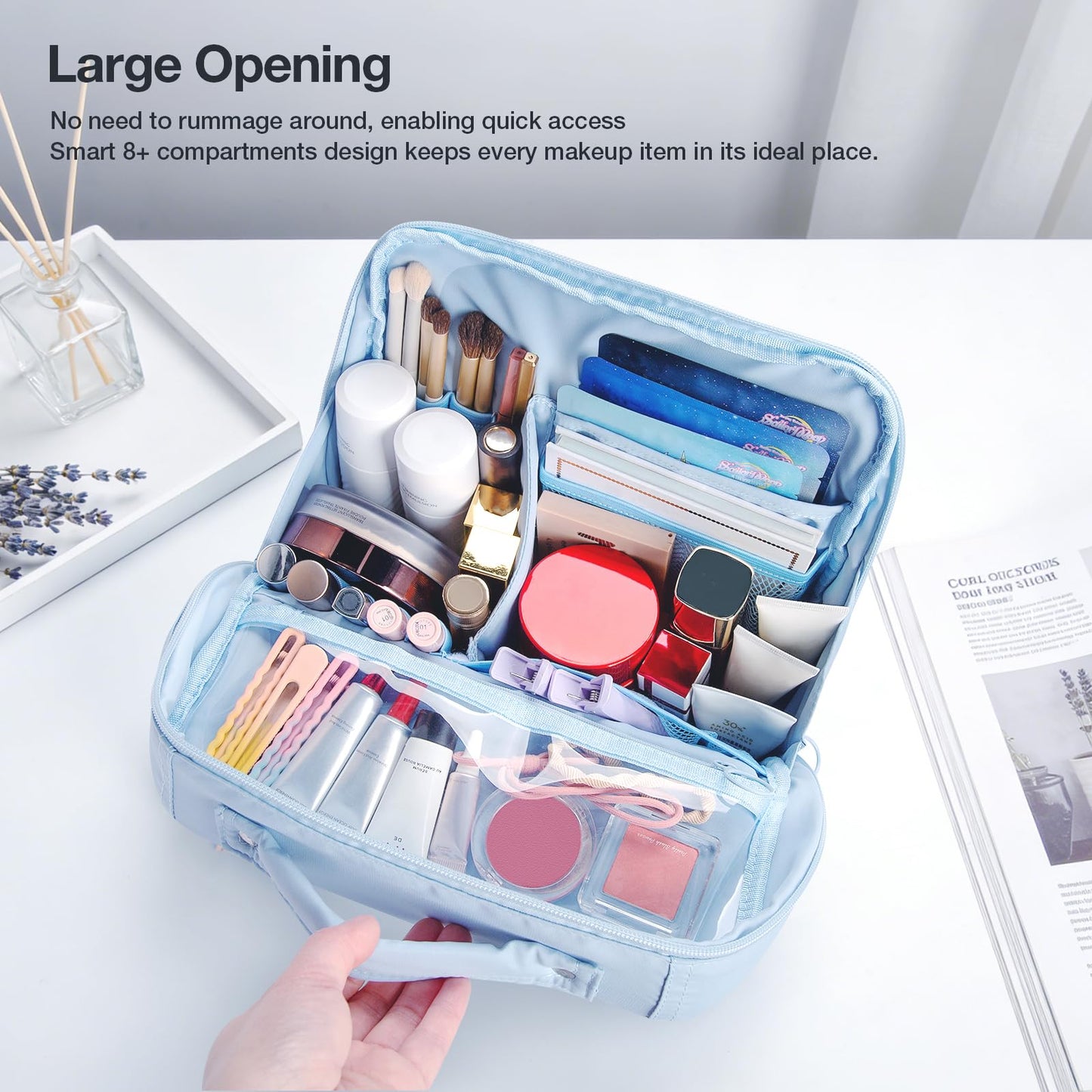 Abiudeng Standing Travel Makeup Bag Stand up Make up Bag Travel Toiletry Bag with Multiple Compartments Large Capacity for Women Business Trips Fitness and Daily Commutes(blue)