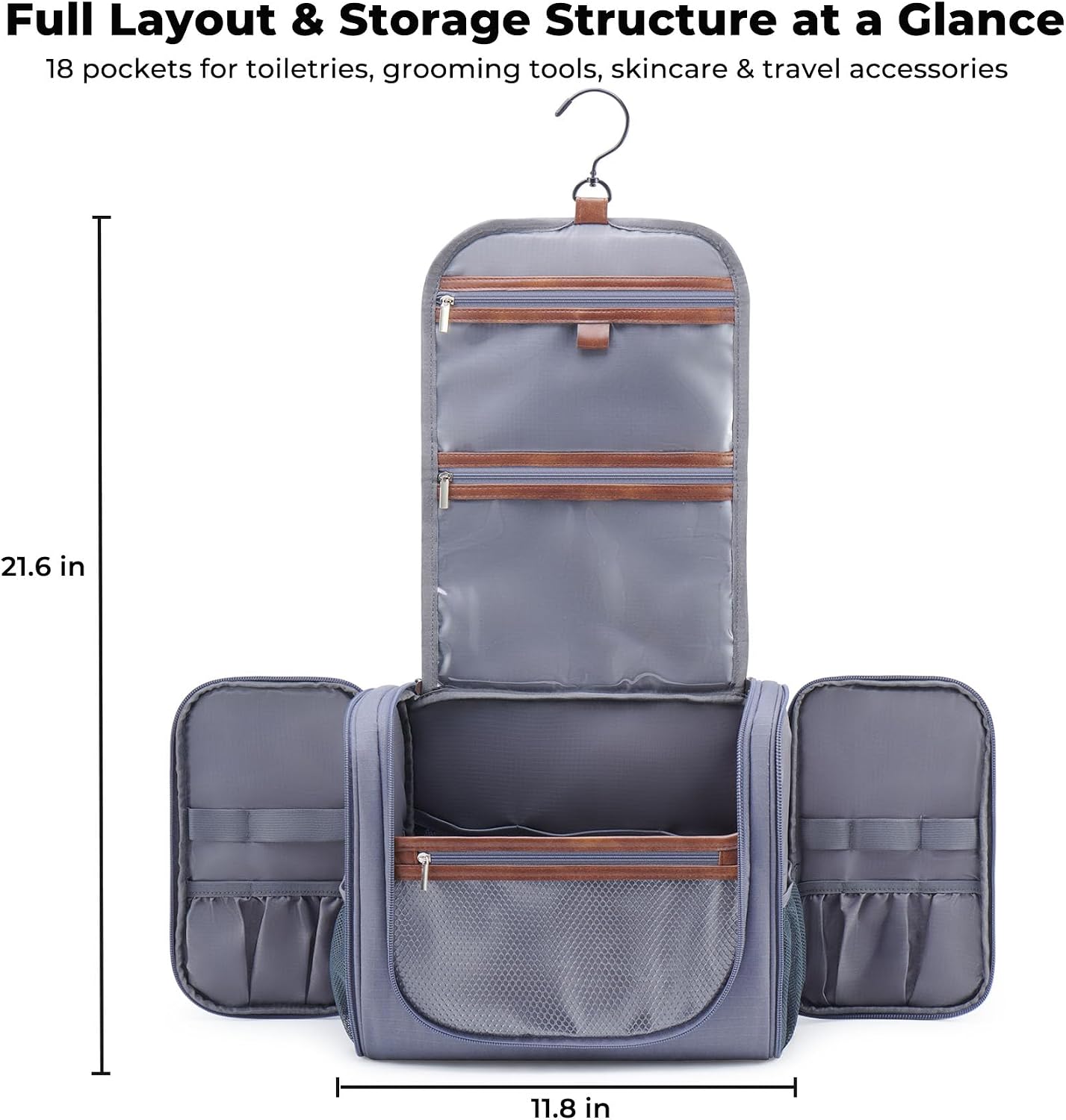 Large Hanging Toiletry Bag for Men - Travel Organizer with Hook | Gray Hygiene & Grooming Essentials