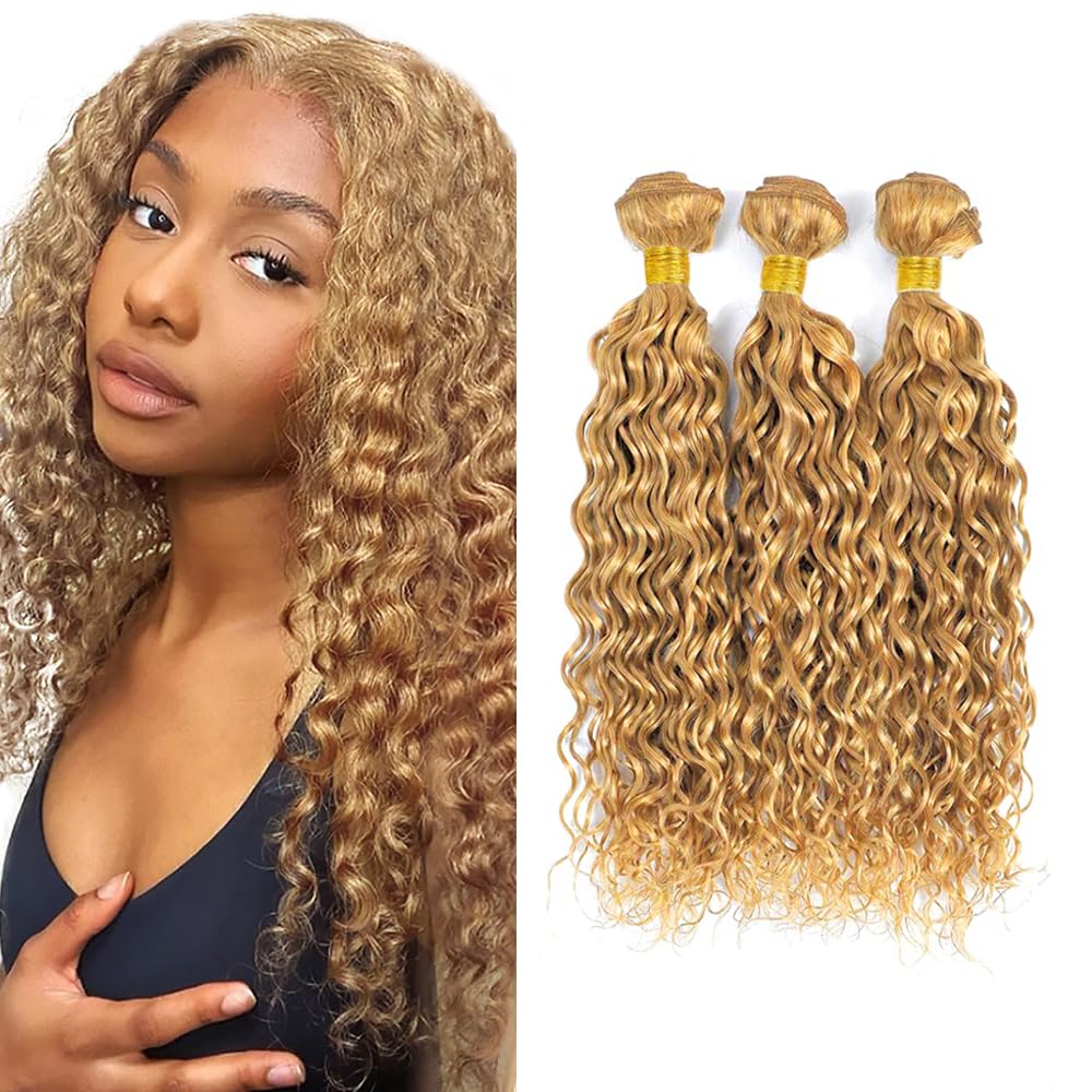 22 24 26 Inch #27 Honey Blonde Bundles Human Hair Water Wave 3 Bundles Brazilian Remy Hair 50 Grams/Bundle 10A Grade Unprocessed Virgin Hairs Blonde Water Wave Bundle Weaves Extensions