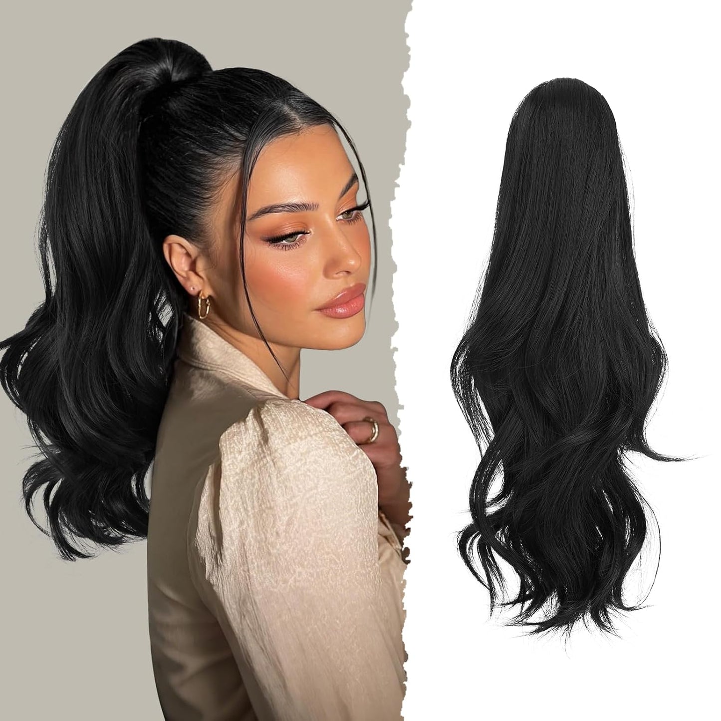 Claw Clip Ponytail Extension - 16 Inch Curly Wavy Synthetic Hairpiece | Dark Brown Fluffy Clip-In for Natural Look