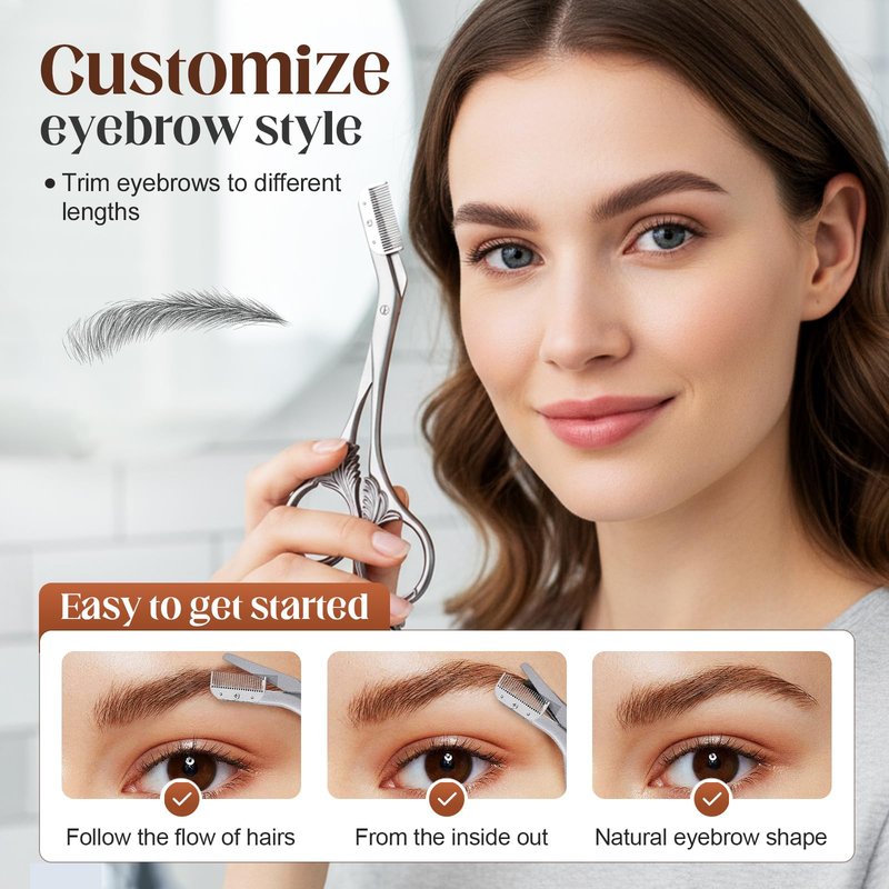 Eyebrow Trimmer Scissor with Comb, Eyebrow Scissors for Women, Stainless Steel Precision Eyebrow Cutter Hair Removal Makeup Tool for Women and Men (Grey)