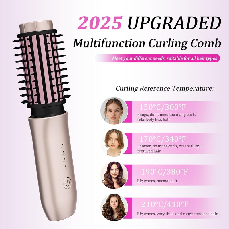 Cordless Hair Curling Iron Brush - 3-in-1 Portable Travel Curling Wand | Blush Pink, USB Rechargeable, 7000mAh