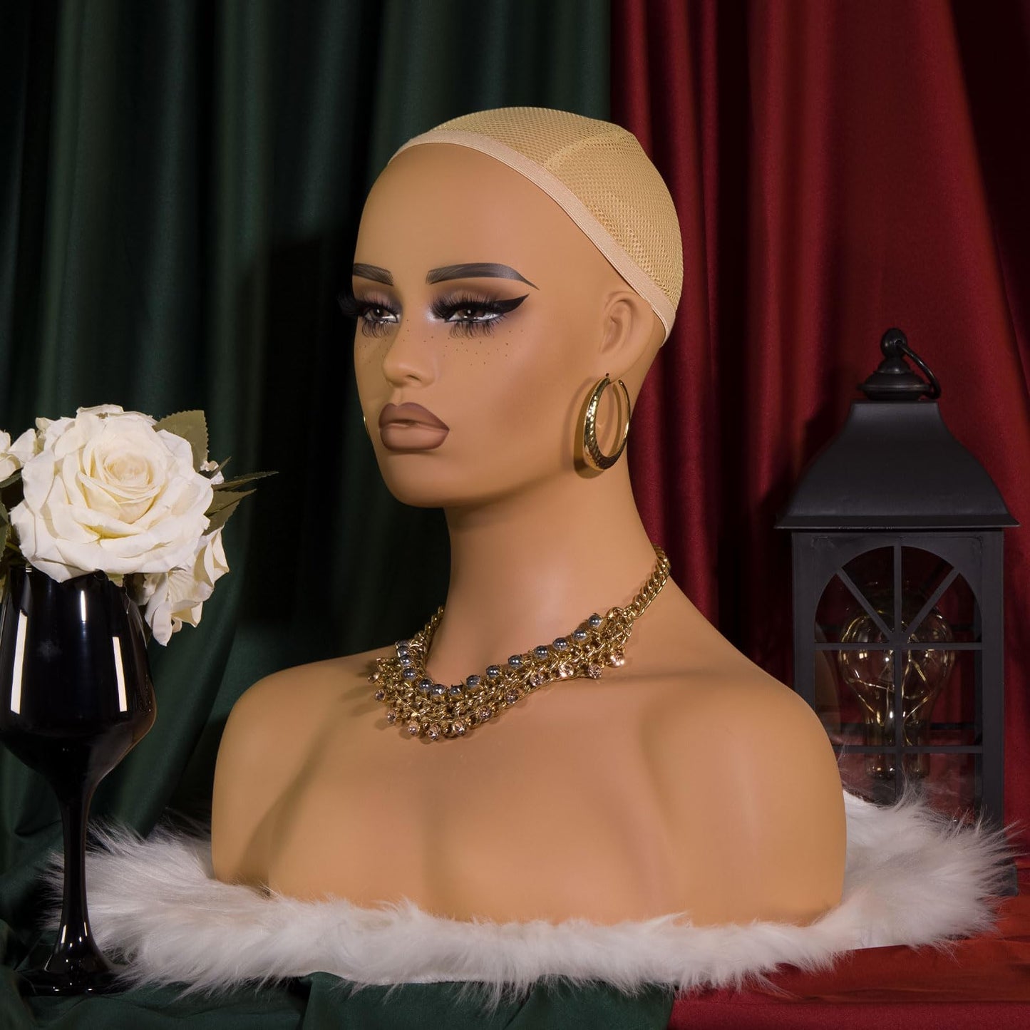 JINGFA Mannequin Head with Shoulders Realistic Manikin Head with Freckles for Display and Styling for Wigs, Jewelry, and Clothing