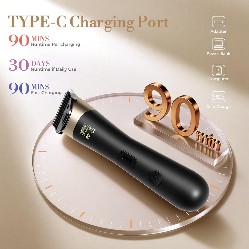Bikini Trimmer for Women, Flyant 2 in 1 Electric Shaver for Women, Pubic Hair Trimmer Waterproof IPX7 with LED, Bikini Razor for Leg Arm Underarm Bikini Area - Black Gold