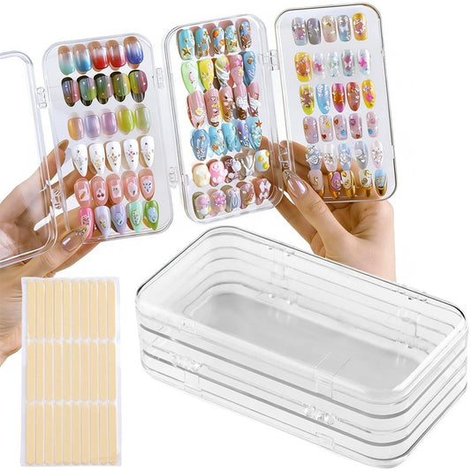 Fcozpjk Press On Nail Organizer Case, Tri-Fold Clear Acrylic Empty Press On Nail Storage Box Packaging Fake Tips Holder Color Display Stand Book Showing Shelves with 30PCS Double Sided Adhesive Tapes
