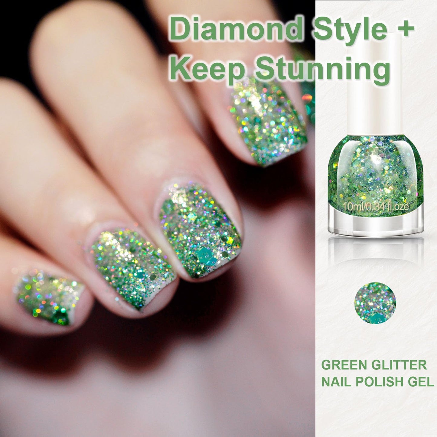 NovaCharm Green Glitter Nail Polish -10ML Holographic Nail Varnish - Rainbow Nail Gel Glitter - Iridescent Sparkle Nail Paint Gel - Quick Dry Nail Lacquer Shimmer Effect DIY Nail Art
