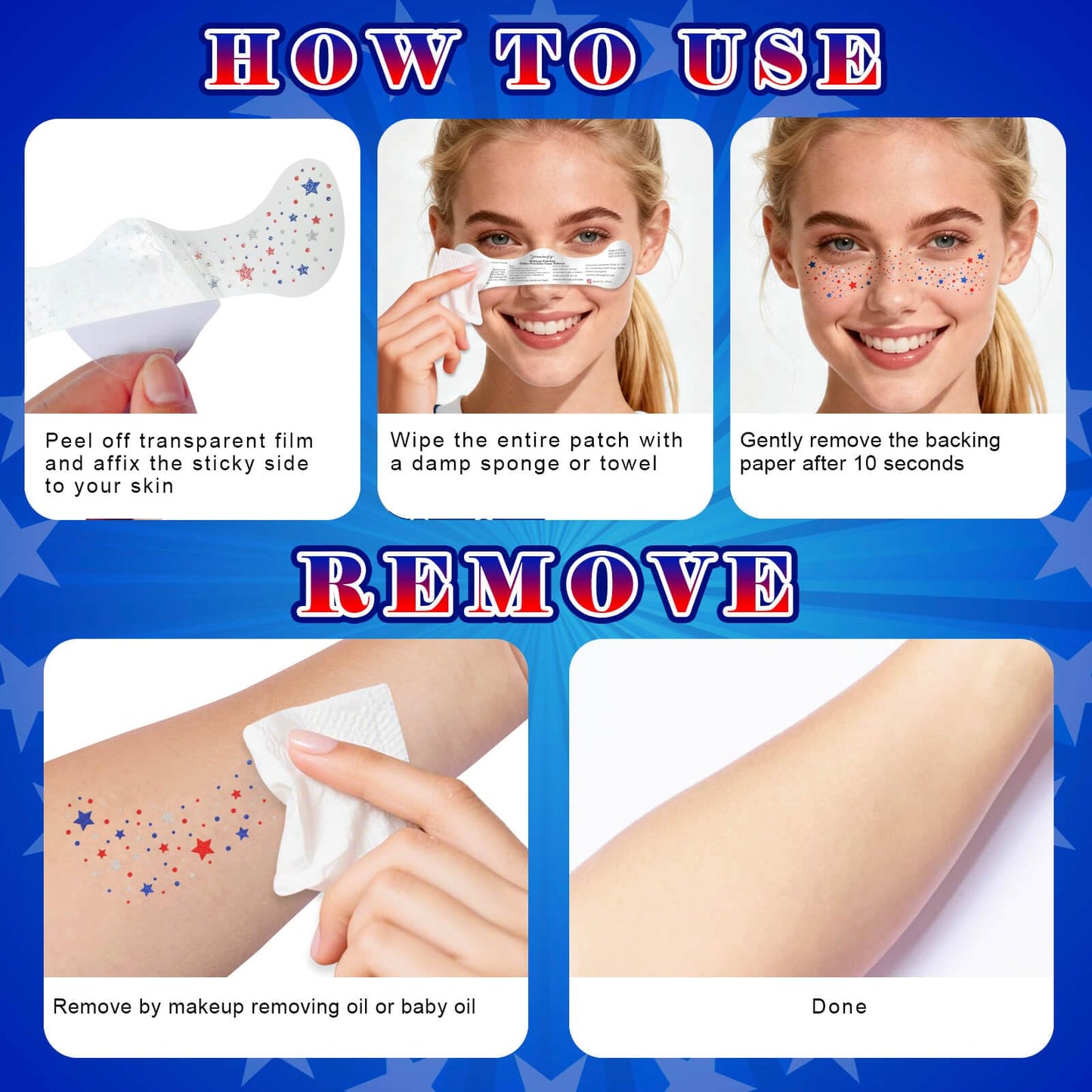 Paminify 4th of July Red White Blue Glitter Freckles Face Tattoos, Patriotic Star Face Tattoo, July 4th Accessories for Women, Independence Day USA Face Sparkles Makeup, 8 PCS