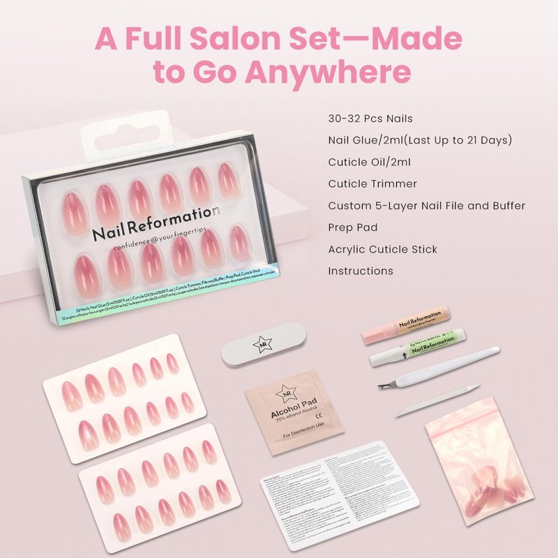 Plum Perfect Press-On Nails - Pink Ombre Short Almond Velvet Cat Eye | 16 Sizes, Reusable Stick-On Nail Kit for Women