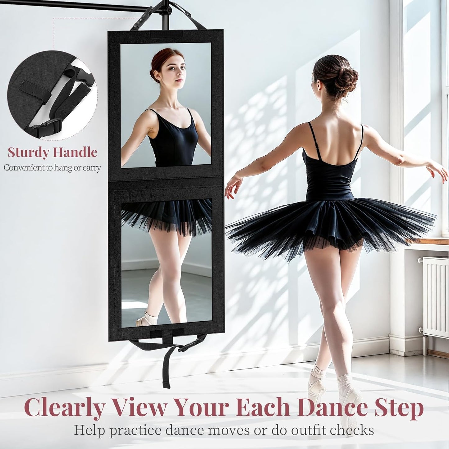 Foldable Portable Full Length Mirror - Shatter-Proof Acrylic for Dancers & Travelers | 33x13 Inch, Black