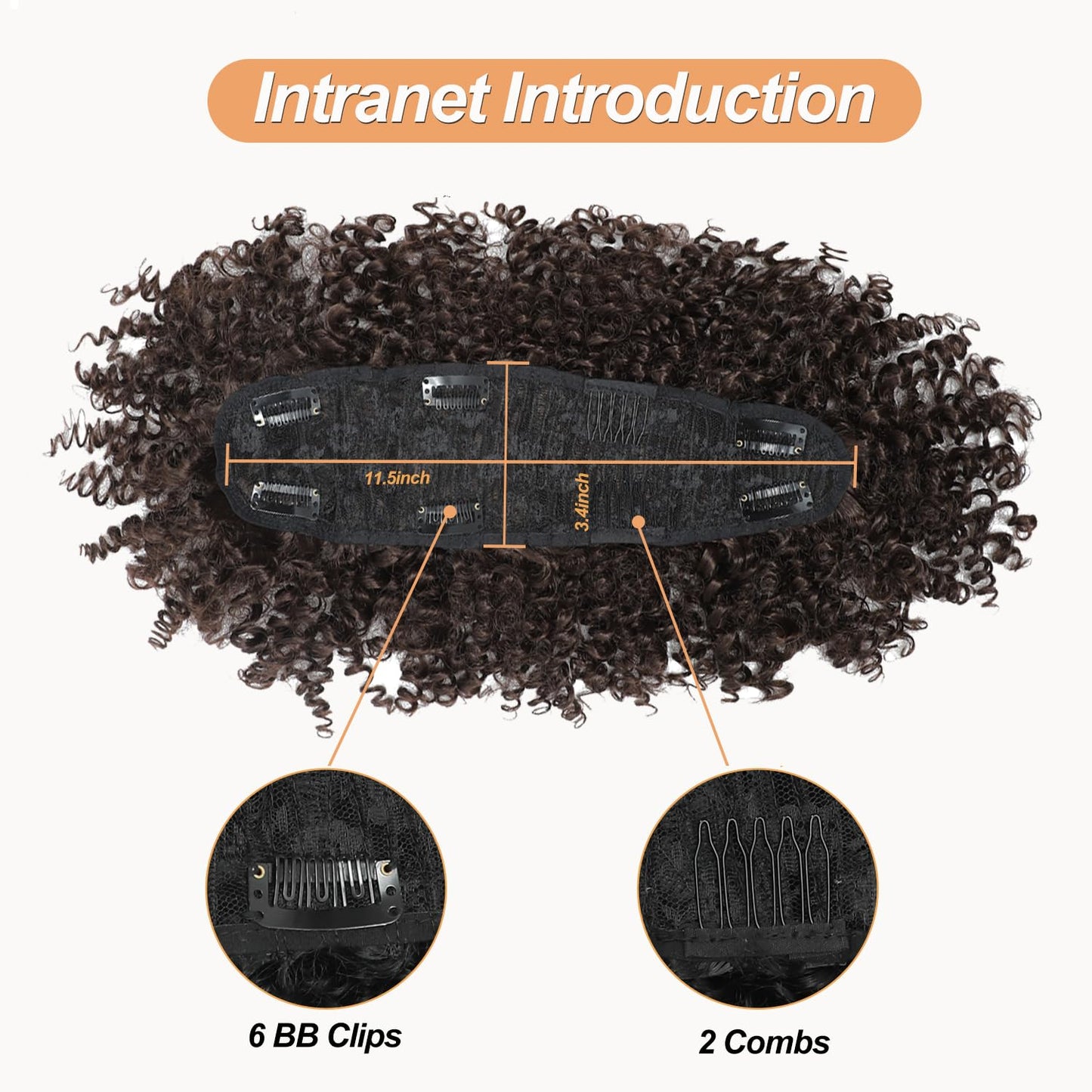 Kinky Curly Dark Brown Mohawk Wig - Short Synthetic Clip-On Ponytail with Bangs | Fluffy Hair Extension for Daily & Party Use