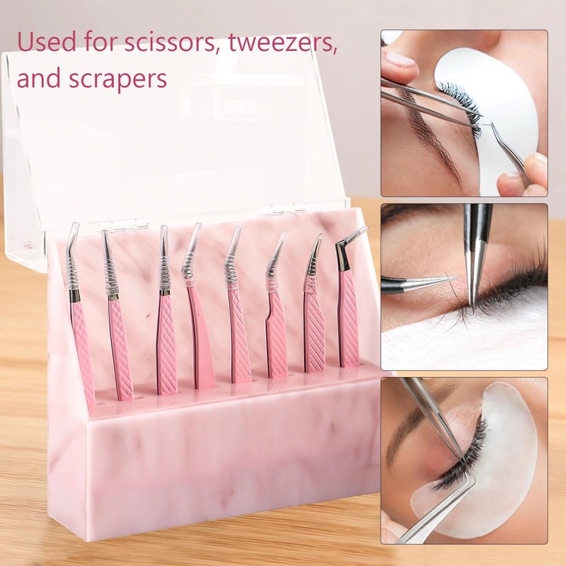 Mekupeu 8 Holes Dust proof Tweezer Storage Rack,Acrylic Tweezer Display Stand Holder Eyelash Extension Supplies Lash Accessories Tools (Marble Pink)