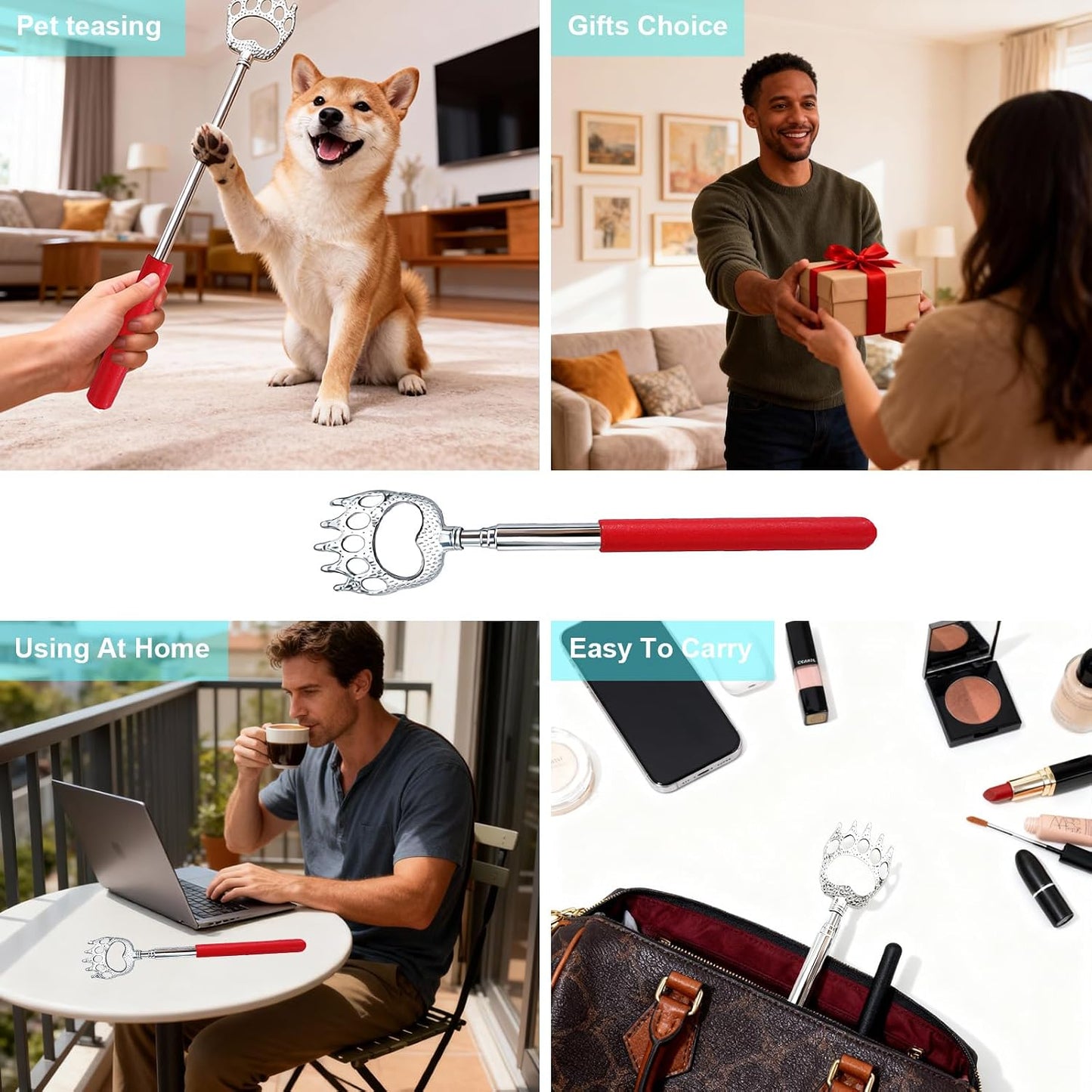 Extendable Metal Bear Claw Back Scratcher - 2 Pcs Set | Perfect for Men, Women, Adults - Red