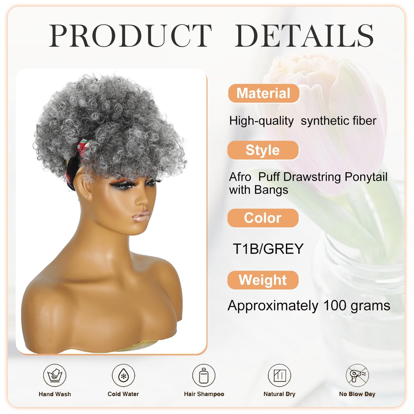 Afro Puff Drawstring Ponytail with Bangs,Short Salt and Pepper Kinky Curly Synthetic Gray Pony Tails Extensions Drawstring Ponytail for Black Women Hair Bun Fluffy Updo for Daily Party Use 1B/GREY
