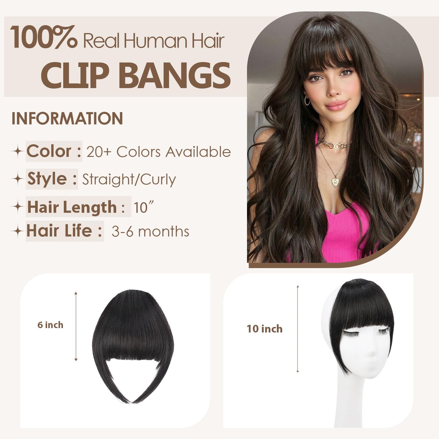 Human Hair Clip-In Bangs - Dark Brown Soft Layered Fringe for Women | Perfect for Daily Wear & Halloween
