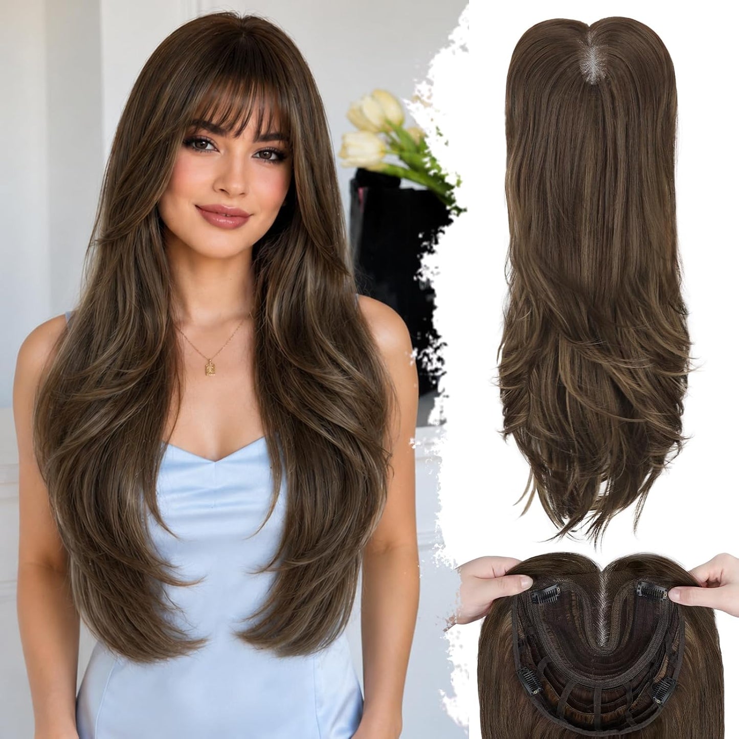 Hair Toppers for Women - 26-Inch 3D 360° Coverage Black Brown Long Straight Clip-In Synthetic Hair with Bangs
