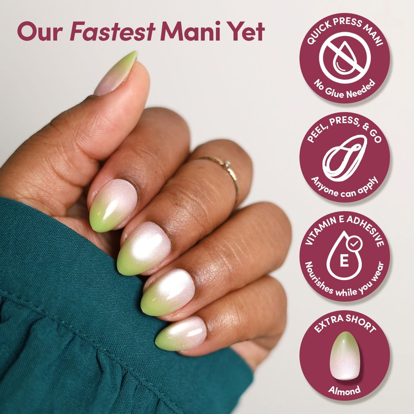 Glamnetic Quick Press Mani - Peel and Stick Almond Extra Short Nails | Mess-Free Salon Quality | 30 Nail Kit in 15 Sizes