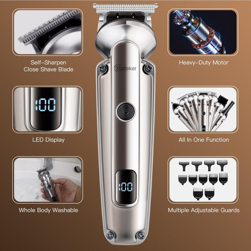 Hatteker Beard Trimmer for Men, Waterproof Hair Trimmer Electric Razor, Cordless Hair Clippers Shavers for Men, Shaving Kit for Nose Mustache Body Facial, Beard Grooming Kit Fathers Gifts for Dad