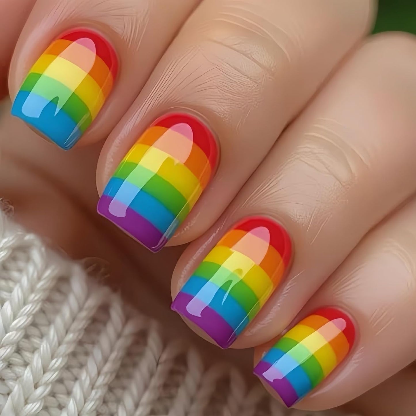 Rainbow Press On Nails - Medium Square Colorful Stripes Design | Glossy Acrylic Full Cover 24 Pcs for Women