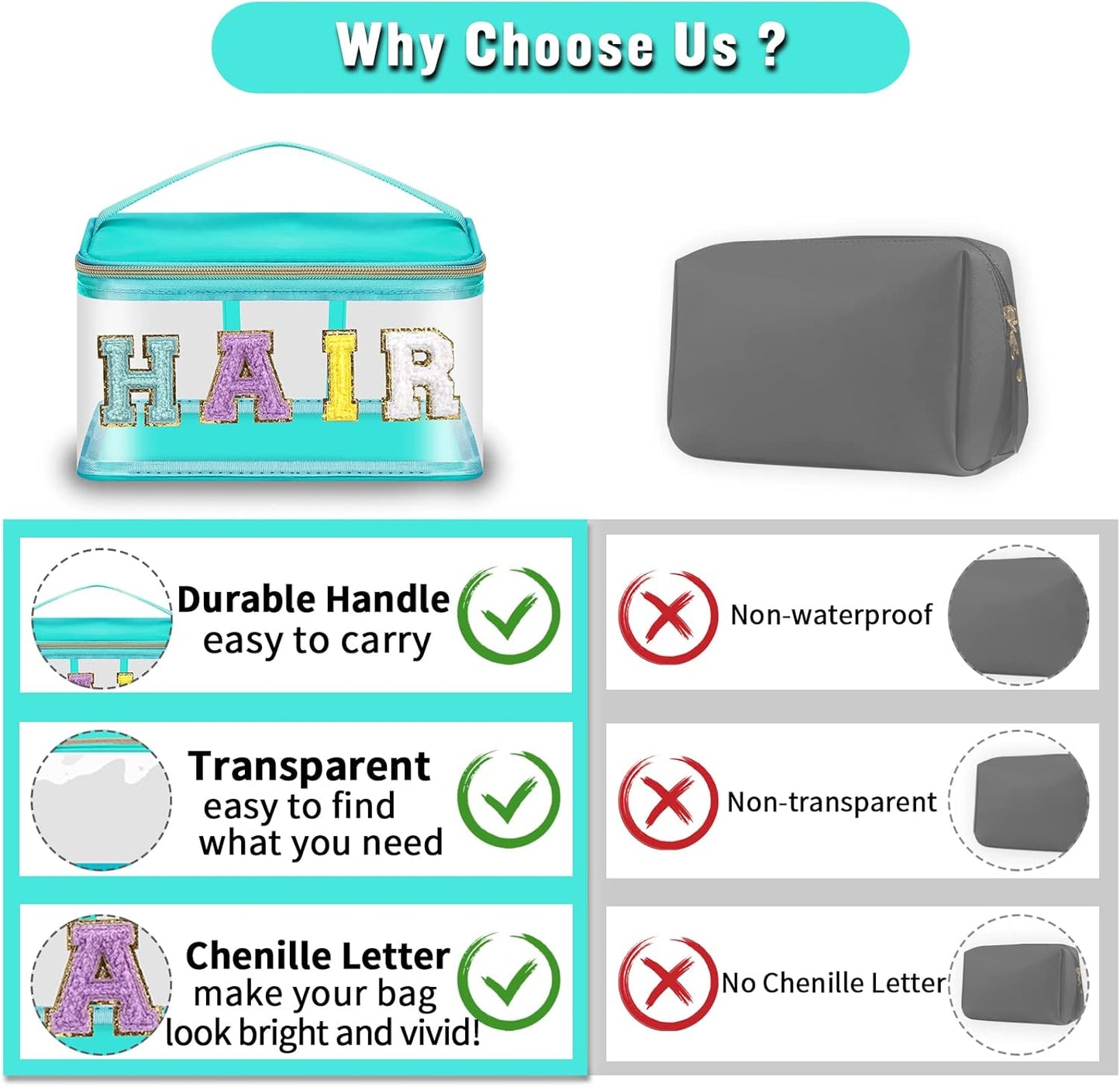 Clear Makeup Bag - Chenille Letter Hair Pouch | Waterproof Glitter Cosmetic Handbag for Travel - Green