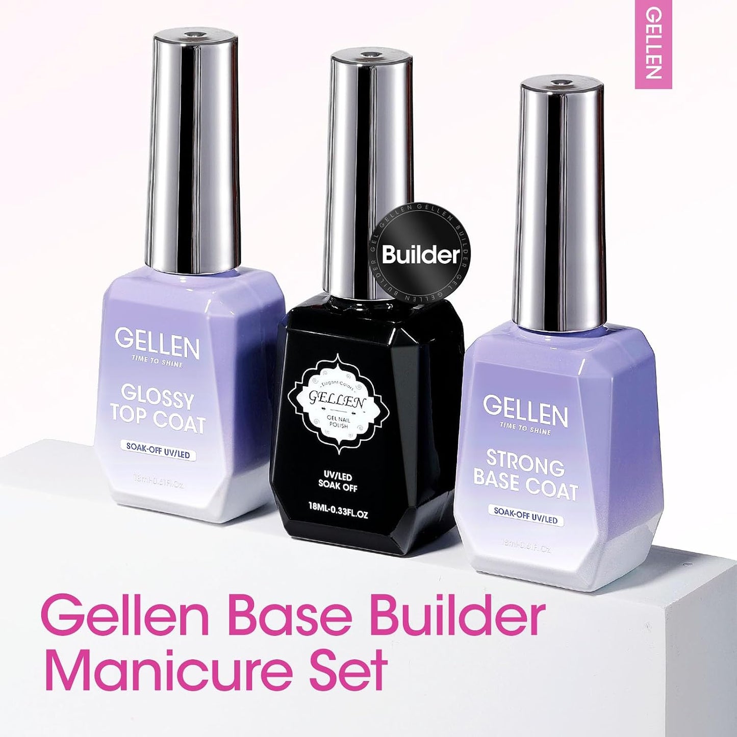 Builder Nail Gel Set - Soak Off Hard Gel with Top & Base Coat | 3 Pcs 18ml for Nail Extensions & Strengthening