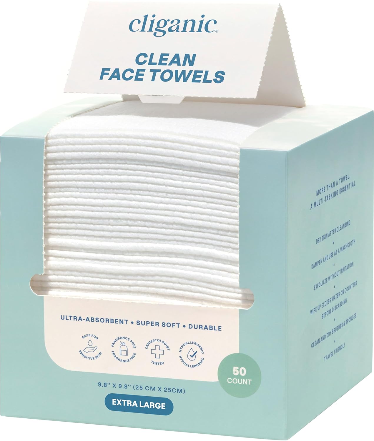 Clean Face Towels XL - Ultra-Absorbent Hypoallergenic Makeup Remover Wipes | 50 Ct, Soft & Hygienic for All Skin Types