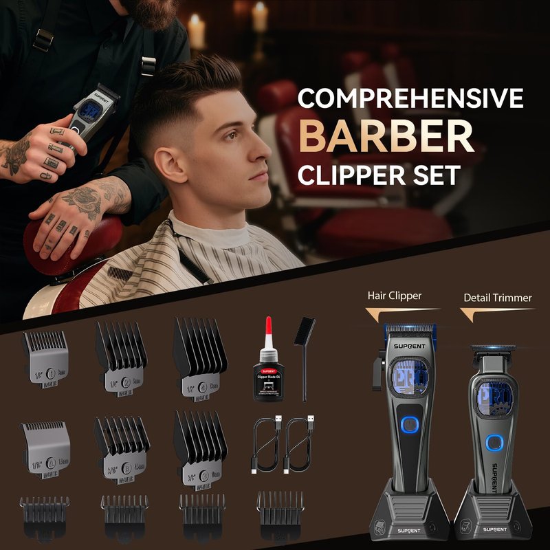 SUPRENT StormGray Professional Hair Clippers for Men - Cordless Barber Clippers & Zero-gapped Trimmer Set, Haircutting Kit with High Performance Motor, Blue Titanium-Coated Blades, Charging Stands