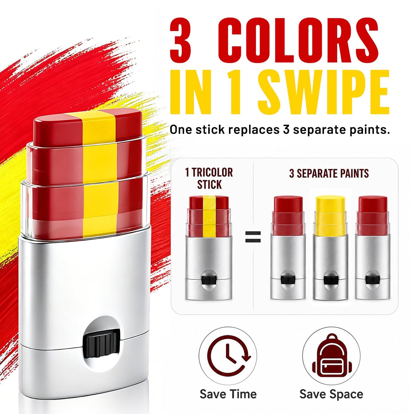 Red Yellow Red Face & Body Paint Stick, Sports Eye Black-Style Makeup Stick, Soccer Fan Makeup, Waterproof Sweatproof Cream Paint for Football Baseball Fans, Fiesta Party Flag Color Makeup