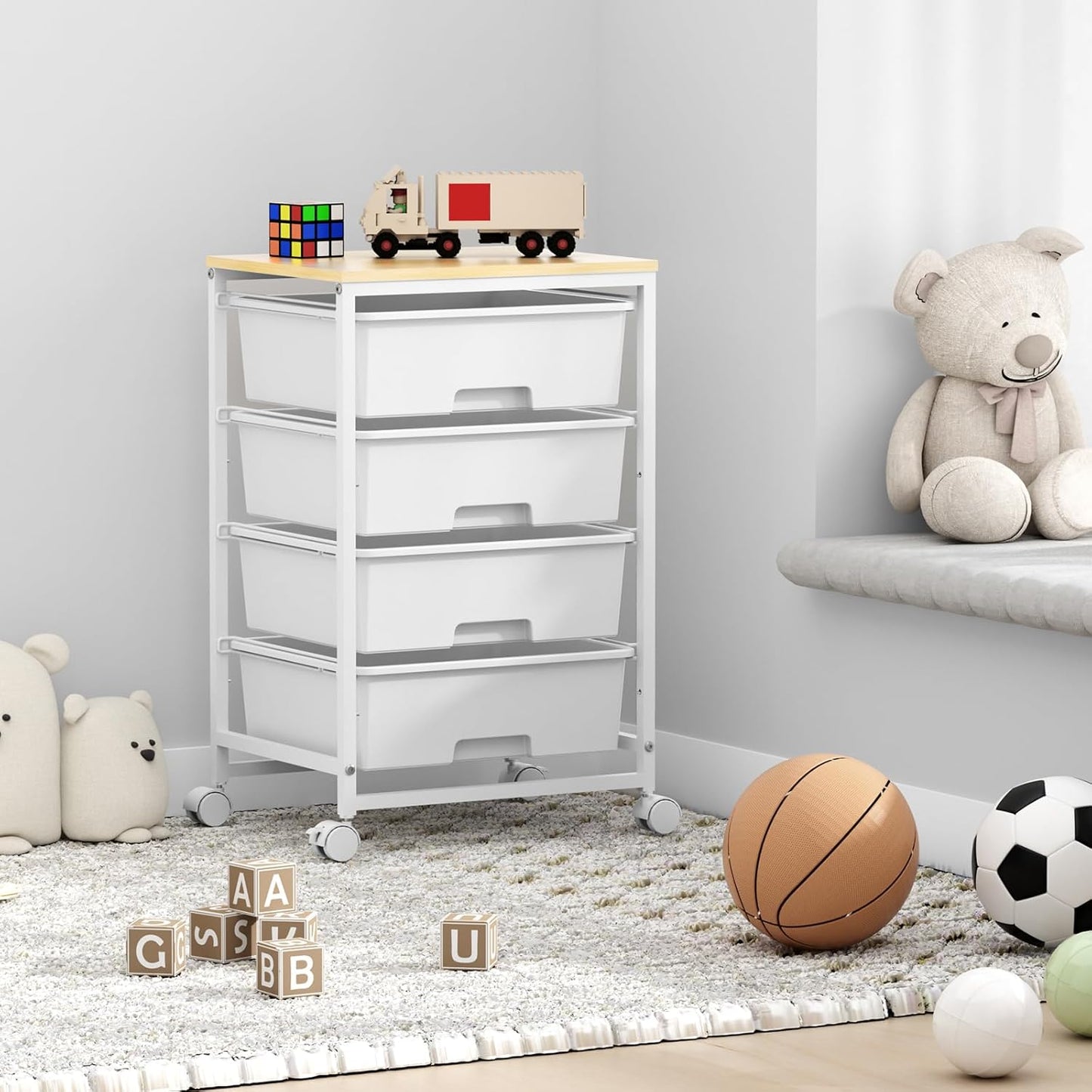 Utility Cart - 4-Tier Rolling Storage Organizer with 4 Drawers & Lockable Wheels | Bright White for Home & Office