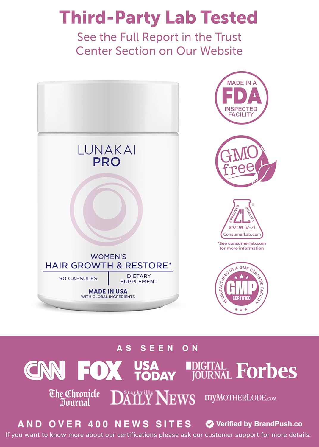 Lunakai Hair Growth Supplement for Women - 20 Nutrient Formula with Marine Collagen & Biotin | 90 Capsules