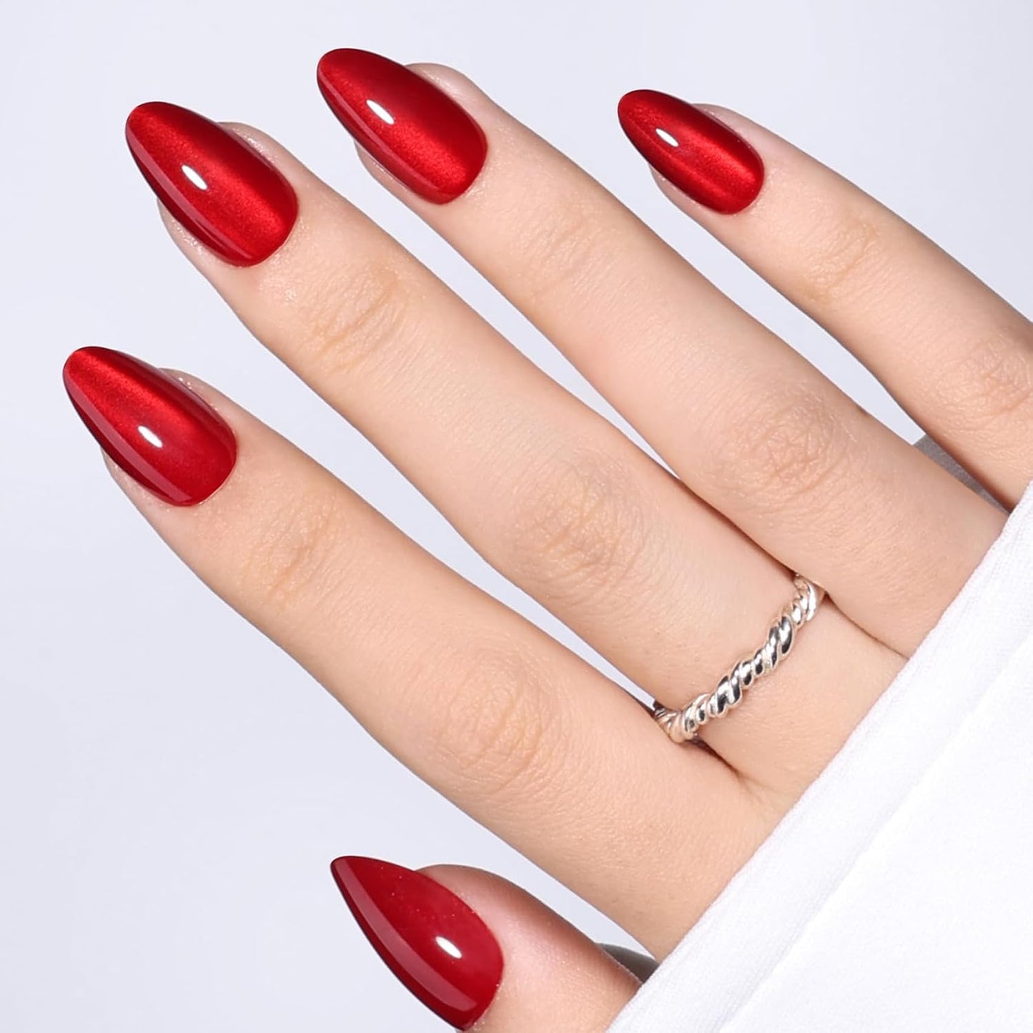 Cat Eye Press On Nails - Short Almond Fake Nails with Nail Glue | Reusable Brown Red 32-Piece Kit in 16 Sizes for Women & Girls