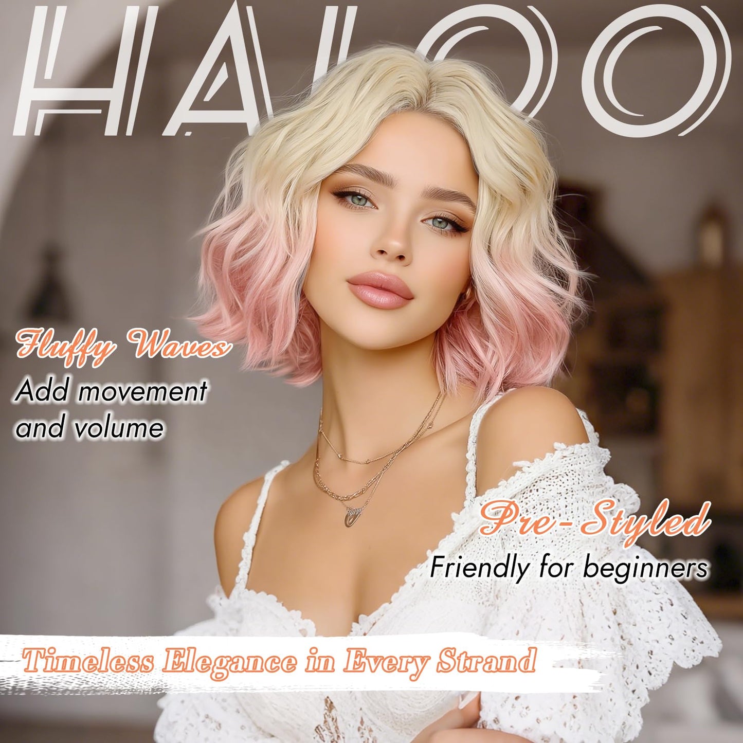 Haloo Pink Bob Wig for Women Lace Front Hairline Short Soft Wavy Curly Natural Looking Middle Part Synthetic Hair Wigs for Daily Party, 11 Inch Blonde Pink