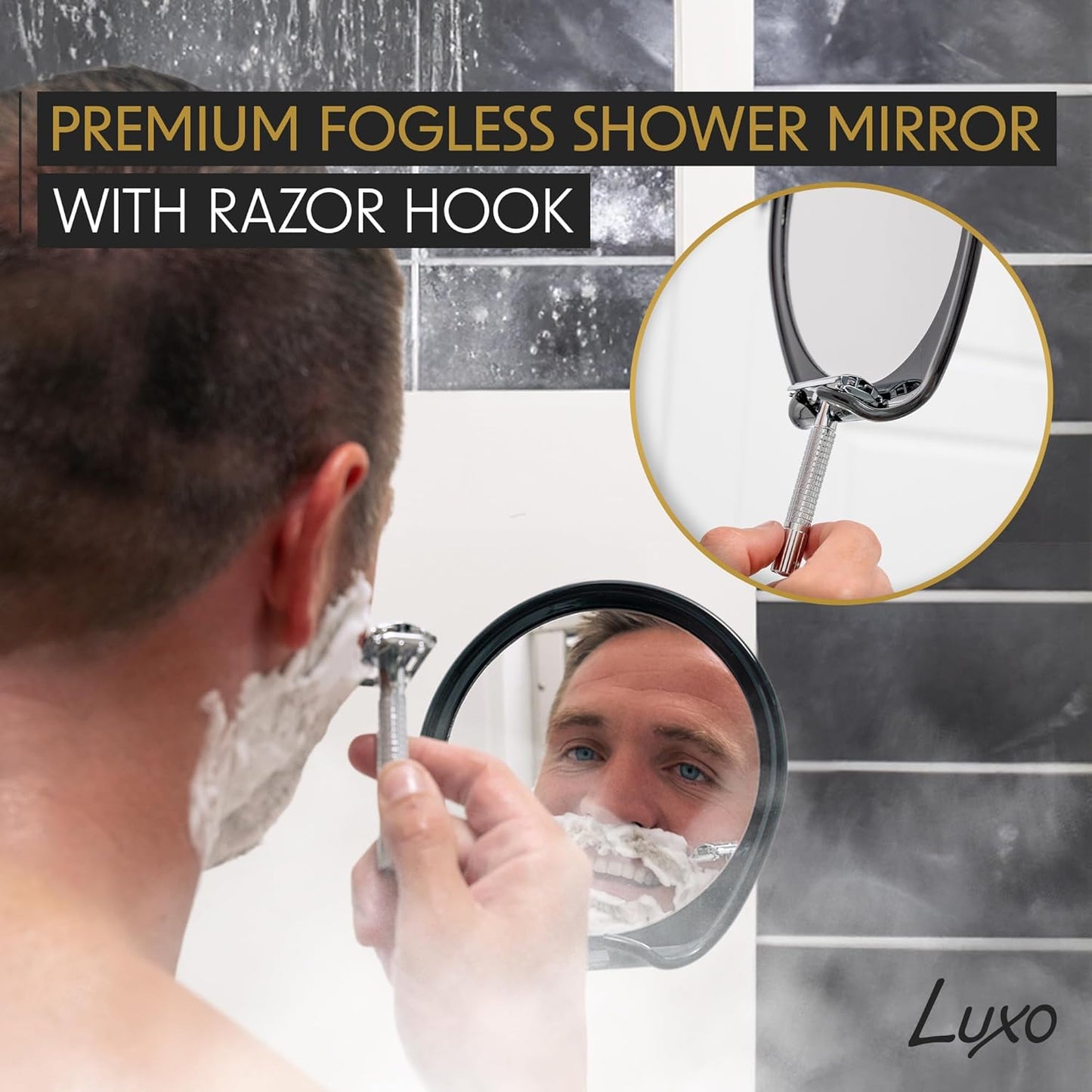 Luxo Shower Mirror - Fogless Shaving Mirror with Razor Holder & Suction Cup | Shatterproof Design (Black)