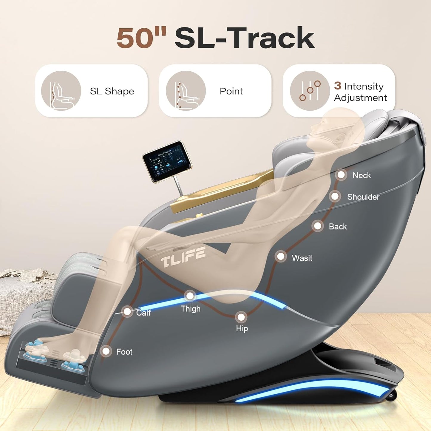 TLIFE Full Body Massage Chair - 160° Zero Gravity Recliner with Body Scan, 12 Auto Modes, Heating | Grey