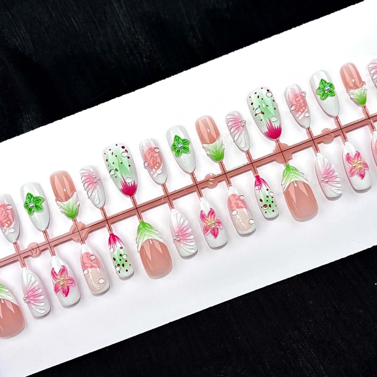 Flower Press-On Nails - Medium Almond Shape with 3D Floral Design | Glossy Acrylic Full Cover for Spring & Summer