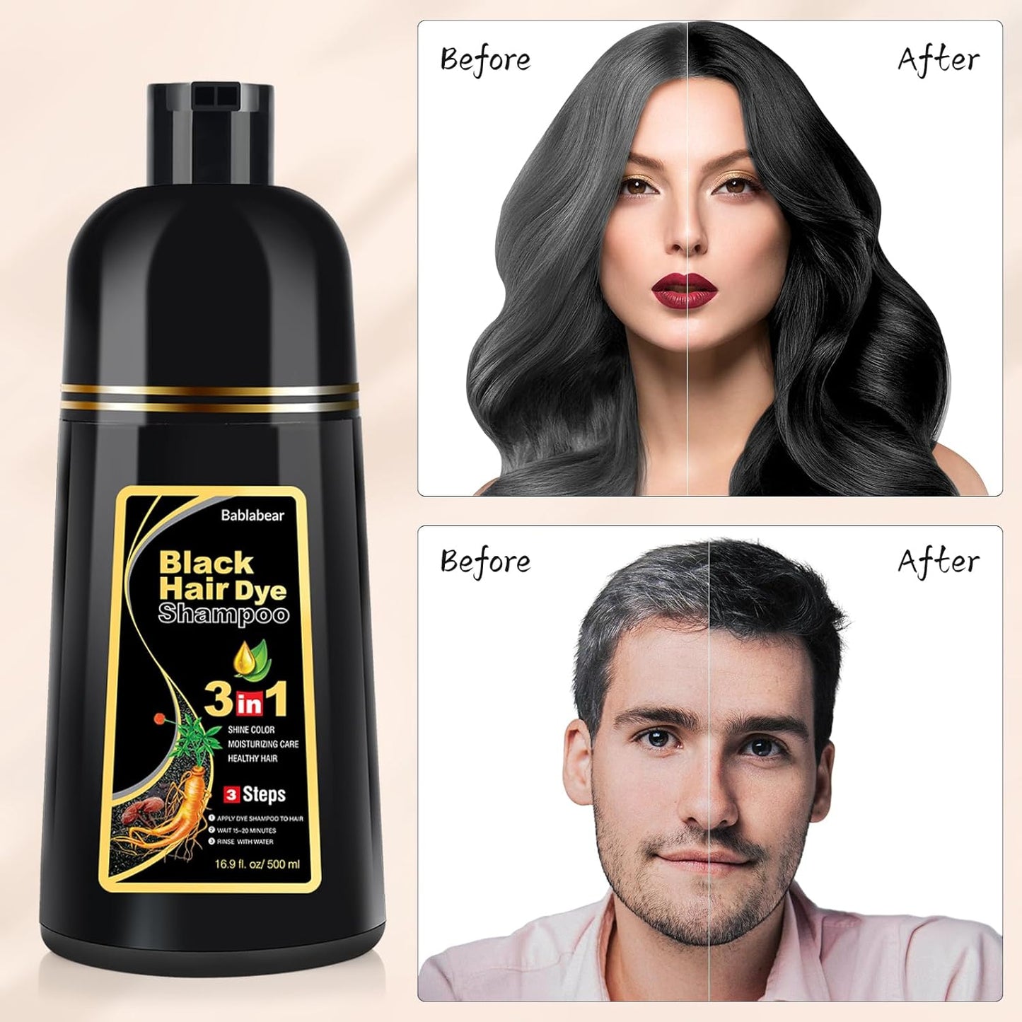 Black Hair Dye Shampoo - Semi-Permanent Gray Coverage for Men & Women | 500ml