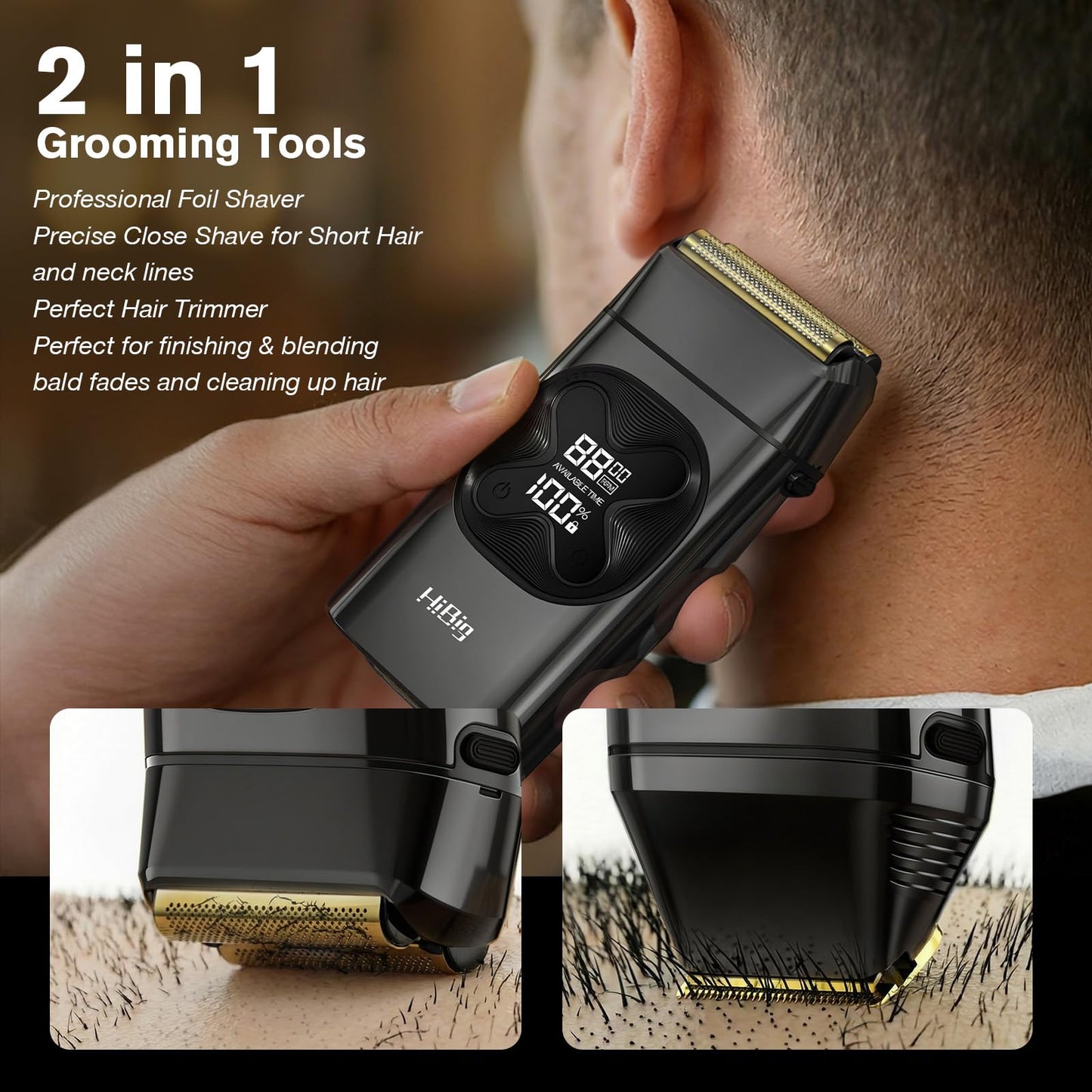 HiBig Professional Double Foil Shavers for Men: 2-in-1 Electric Razor for Men, Portable LED Display Cordless Close Beard Trimmer for Head Beard Neck, Technology & Precision Blades, Obsidian Black