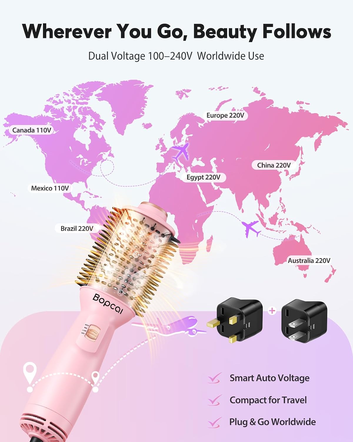 Travel Blow Dryer Brush - 4-in-1 Ionic Hot Air Brush for Volumizing, Straightening & Curling | Dual Voltage 100-240V
