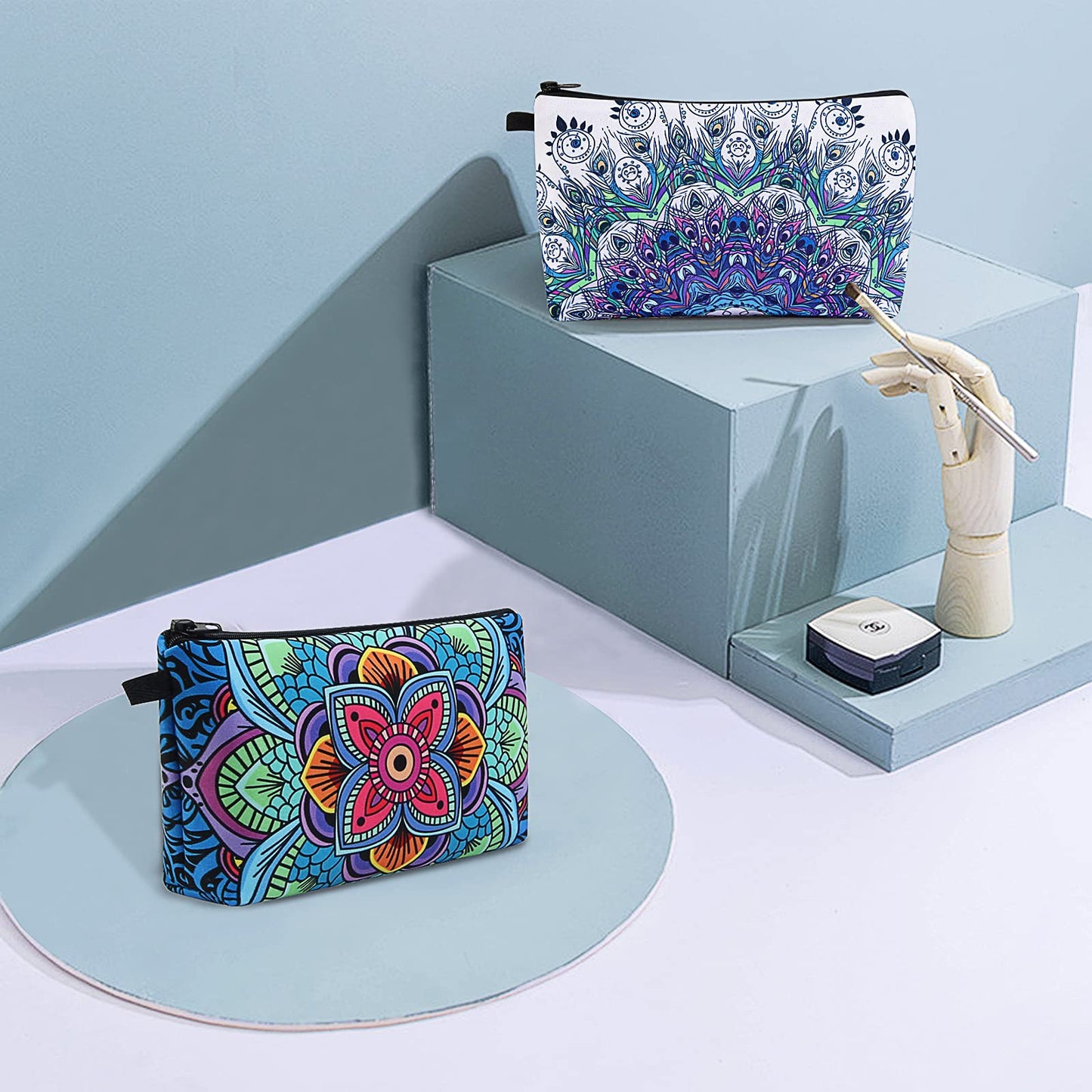 MAGEFY Makeup Bag, 2 Styles Travel Cosmetic Bag for Women Cosmetic pouch Elegant Blue Patterns Zipper Pouch Waterproof Makeup Pouch Cute (2 Packs, Peacock feather + Mandala pattern 0179)