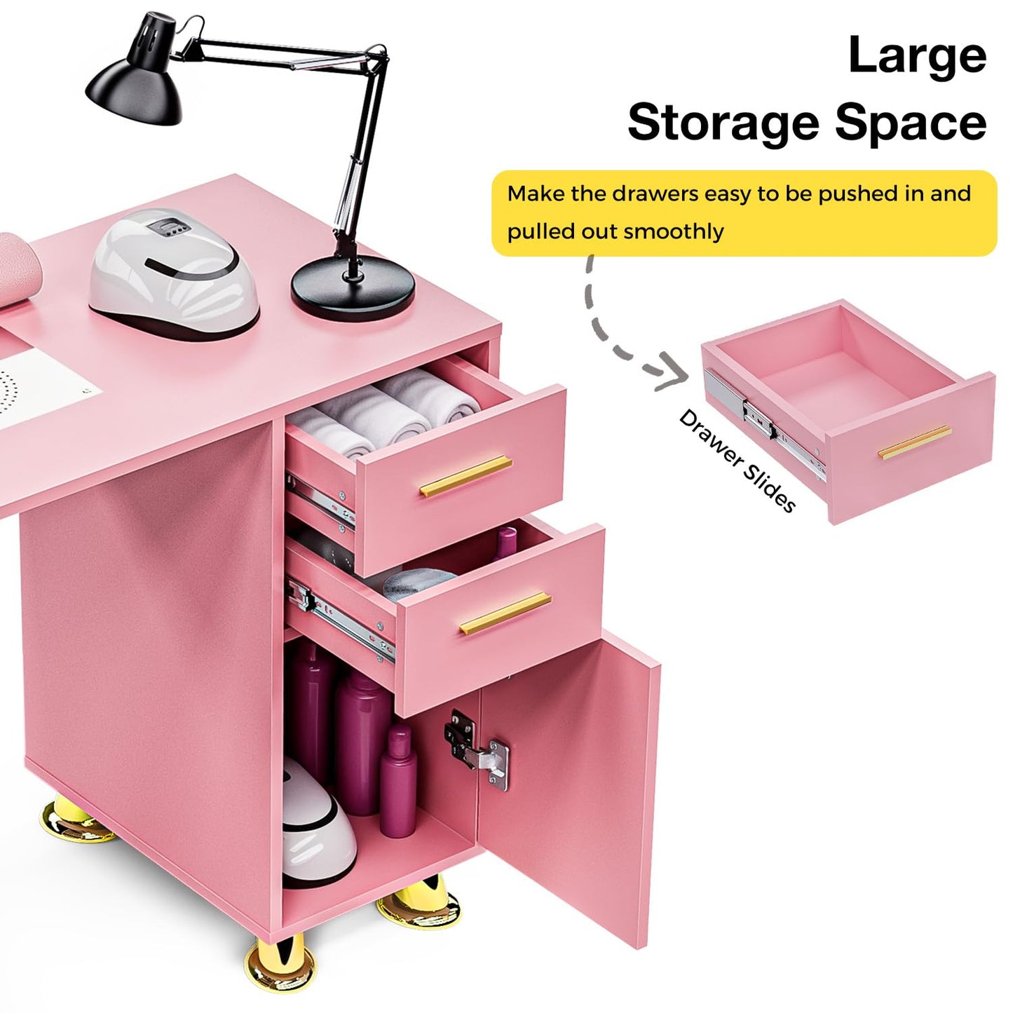 MOMOKOVA Manicure Table with Dust Collector, Modern Nail Station Nail Desk for Nail Tech with Wrist Rest, Storage Drawer & Cabinet, Beauty Salon Workstation, Pink