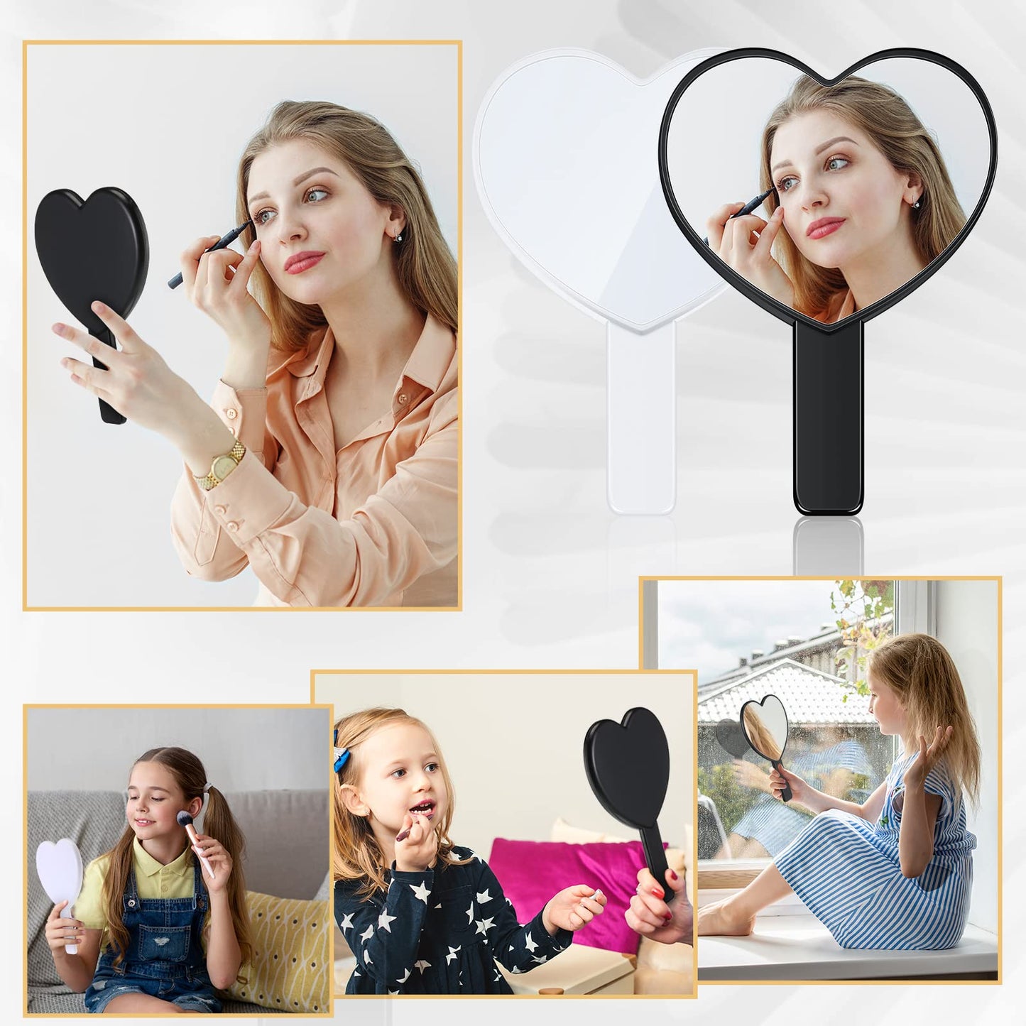 Jetec 2 Pieces Heart Shaped Handheld Cosmetic Mirrors Plastic Mini Cute Travel Makeup Mirrors with Handle Valentine's Day Small Heart Decorative for Girl Women(Black, White)