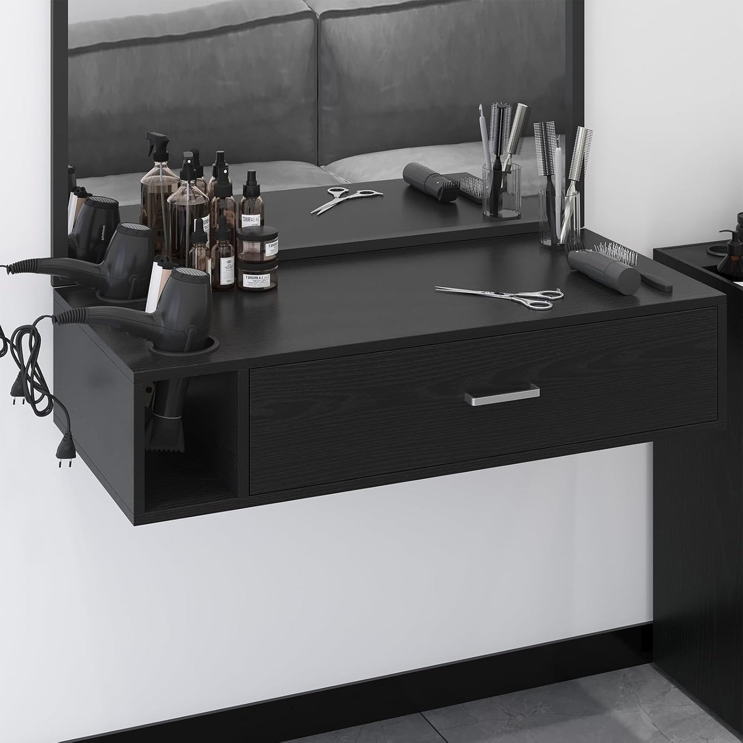 Wall Mount Salon Station - 36" Black Barber Organizer with Drawer & Shelves | 3 Dryer Holders